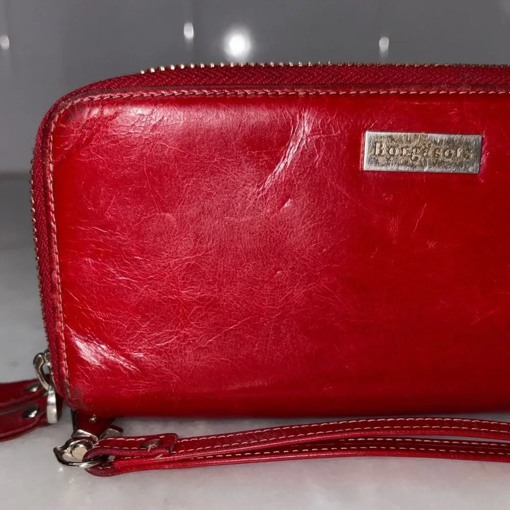 Borgasets Wallet Clutch Red Leather Double  Zip Around Wristlet